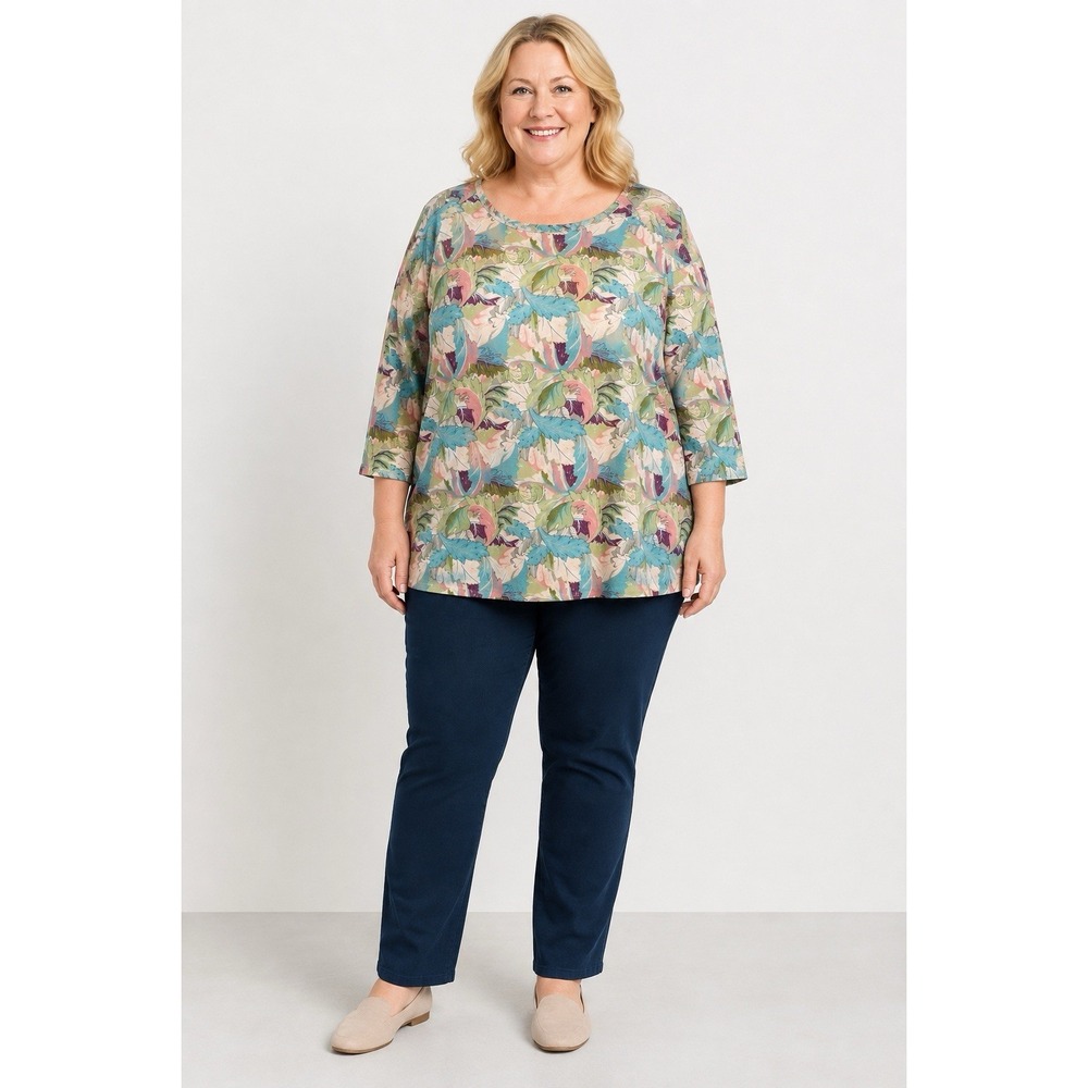 CJ Banks 3X Plus Size Scoop Neck 3/4 Sleeve Pastel Floral Botanical Print Blouse